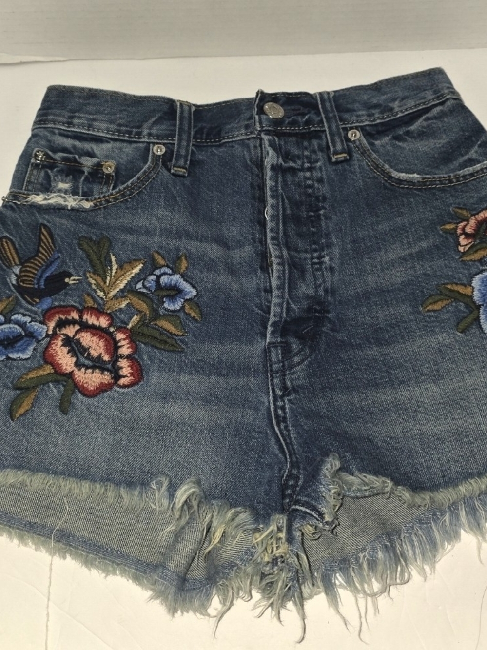 Abercrombie & Fitch Blue Denim Shorts with Floral Embroidery